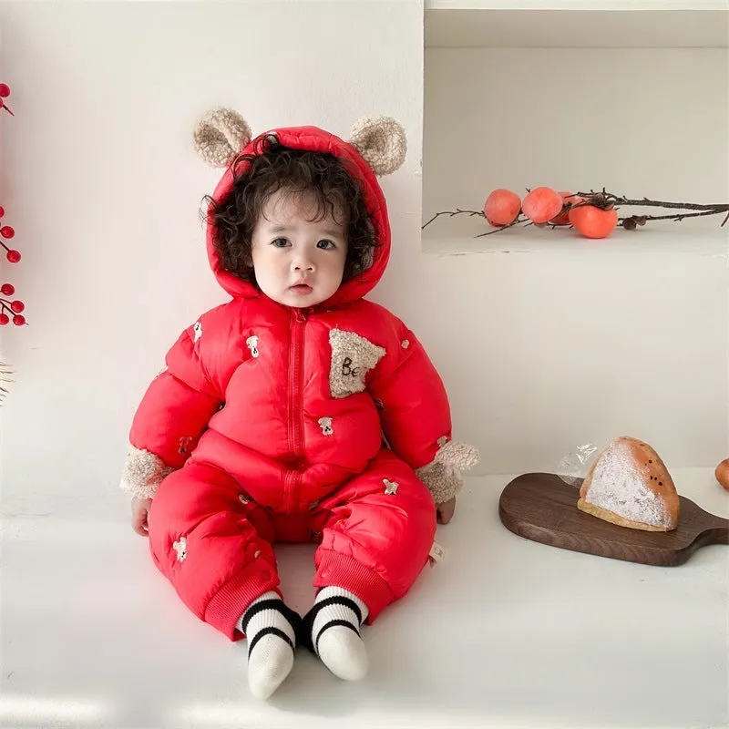 Baby winter velvet padded coat in beige with hood and zip front suitable for height 73cm to 100cm