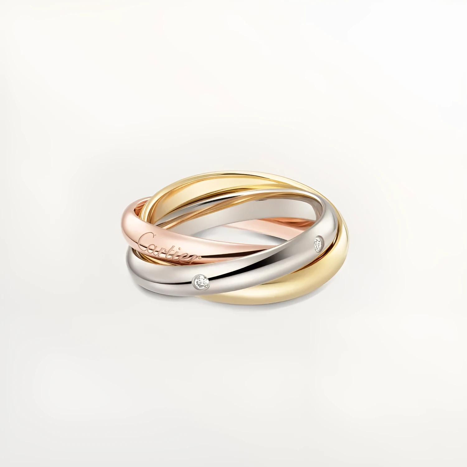 Geometric U-shaped sterling silver couple ring with three cubic zirconia stones on a hand, showing rose gold and black finish options.