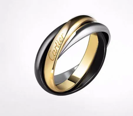 Geometric U-shaped sterling silver couple ring with three cubic zirconia stones on a hand, showing rose gold and black finish options.