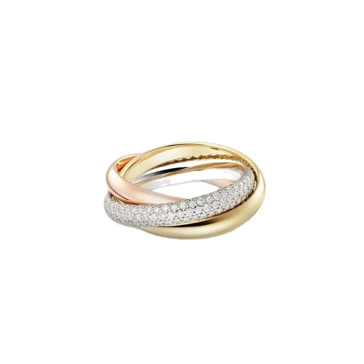 Geometric U-shaped sterling silver couple ring with three cubic zirconia stones on a hand, showing rose gold and black finish options.