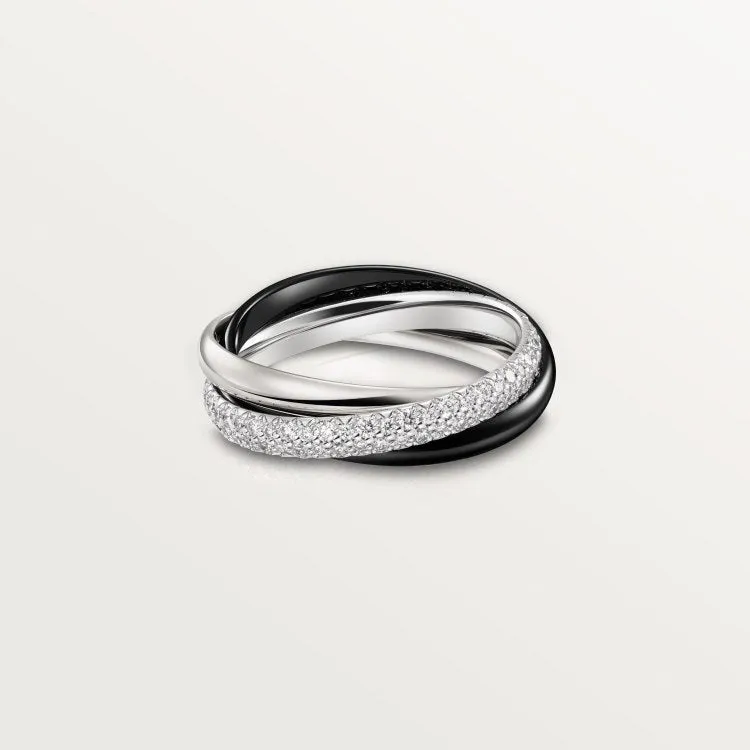 Geometric U-shaped sterling silver couple ring with three cubic zirconia stones on a hand, showing rose gold and black finish options.