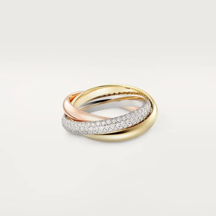 Geometric U-shaped sterling silver couple ring with three cubic zirconia stones on a hand, showing rose gold and black finish options.