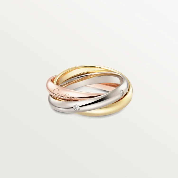 Geometric U-shaped sterling silver couple ring with three cubic zirconia stones on a hand, showing rose gold and black finish options.