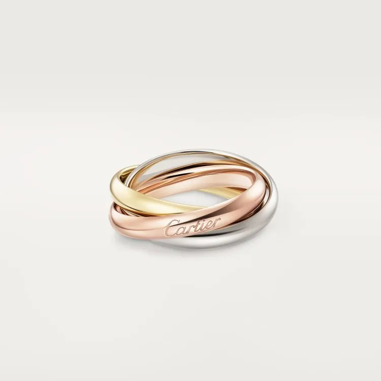 Geometric U-shaped sterling silver couple ring with three cubic zirconia stones on a hand, showing rose gold and black finish options.