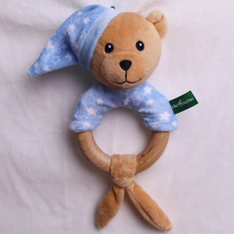 Small grey elephant plush toy with wooden ring bell for newborn babies