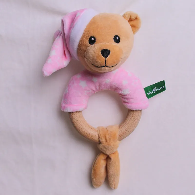 Small grey elephant plush toy with wooden ring bell for newborn babies