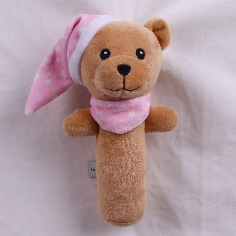 Small grey elephant plush toy with wooden ring bell for newborn babies