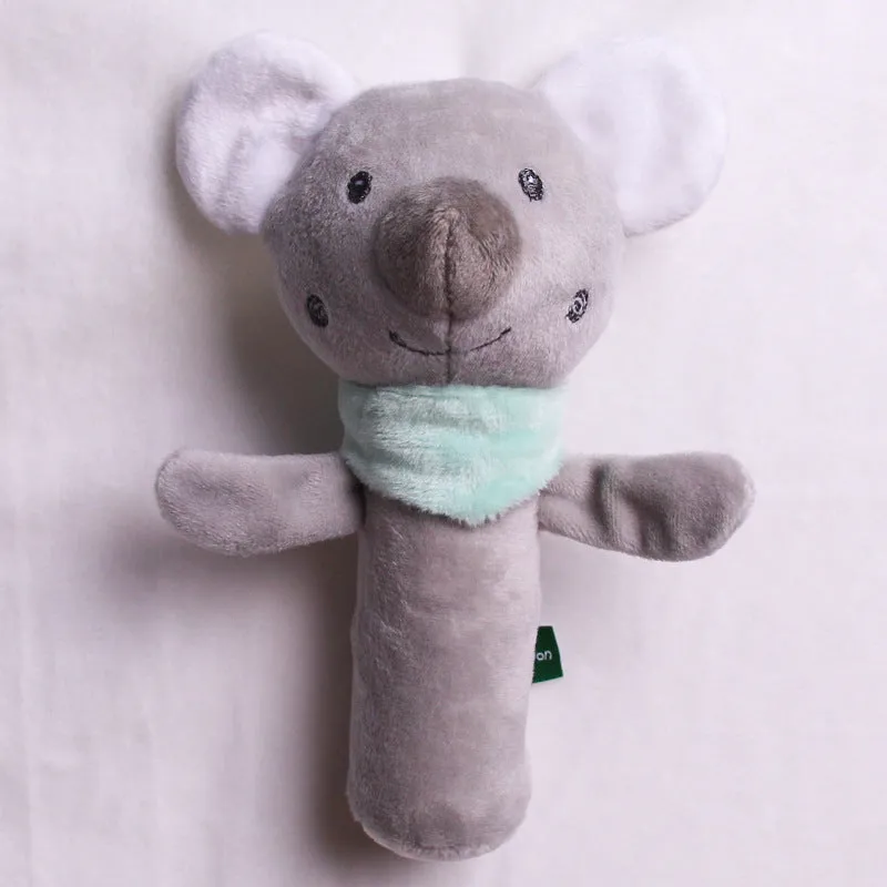 Small grey elephant plush toy with wooden ring bell for newborn babies