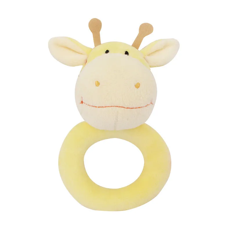 Small grey elephant plush toy with wooden ring bell for newborn babies