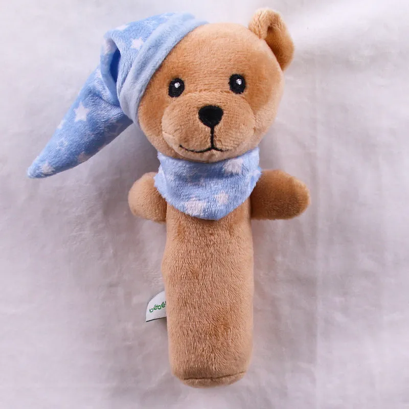 Small grey elephant plush toy with wooden ring bell for newborn babies