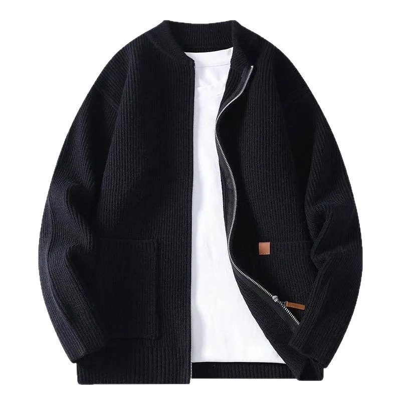 Men's striped sweater cardigan jacket in chemical fibre blend fabric shown in straight cut styling
