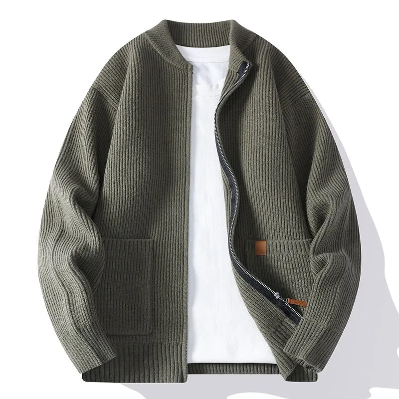 Men's striped sweater cardigan jacket in chemical fibre blend fabric shown in straight cut styling
