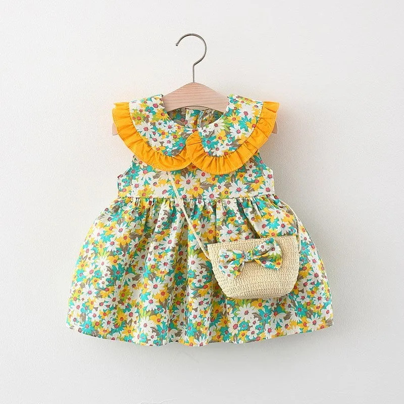 Baby girl summer cotton dress with flower print and lace, in green, pink, yellow; includes messenger bag