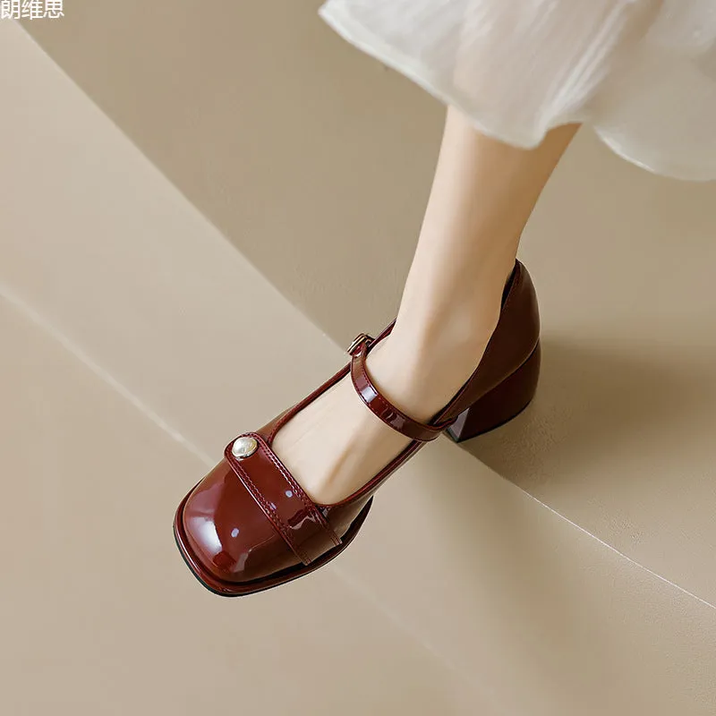 French style chunky heel hiking pumps with patent leather upper and buckle fastening in three colour options