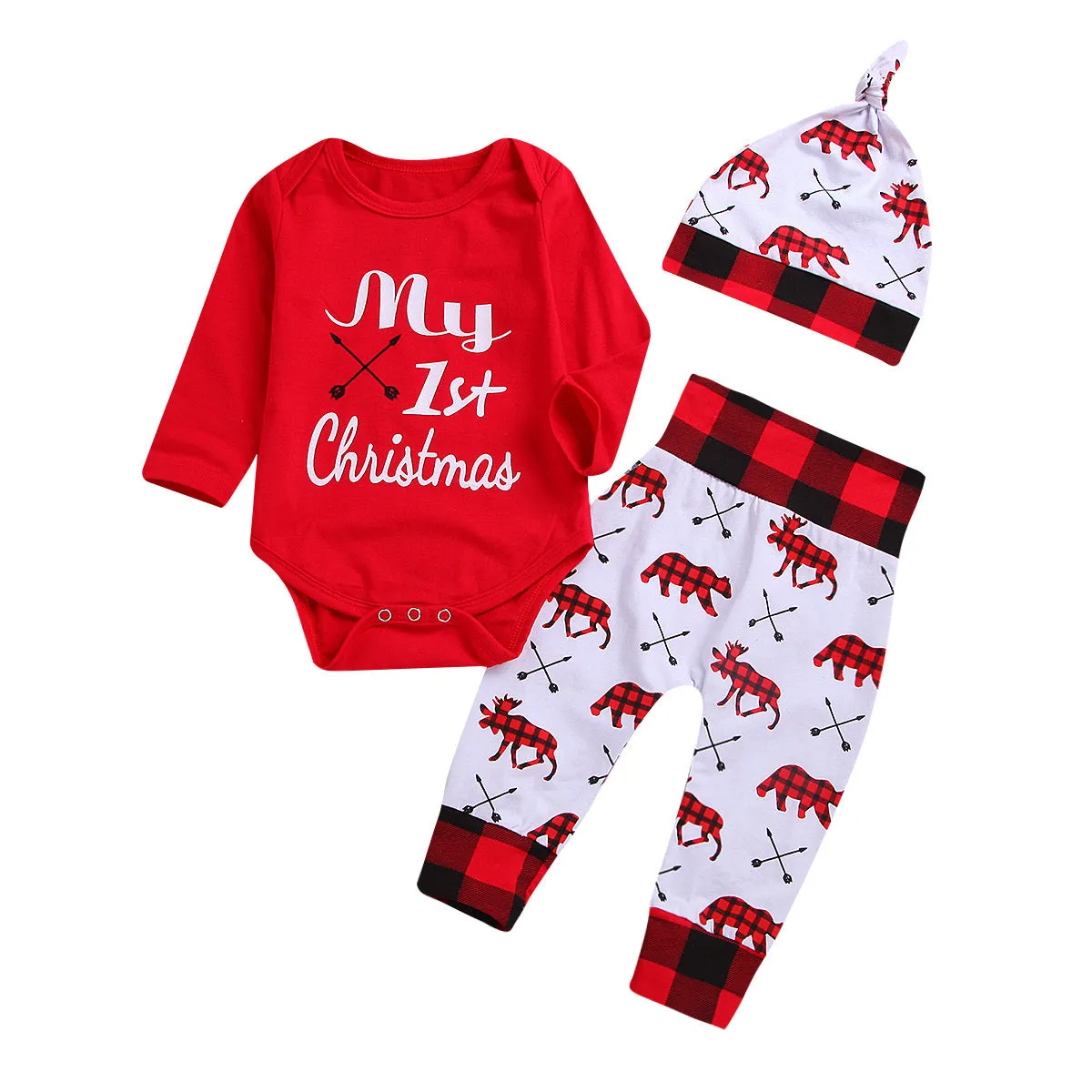 Girls' red Christmas suit with cartoon print top and trousers on white background