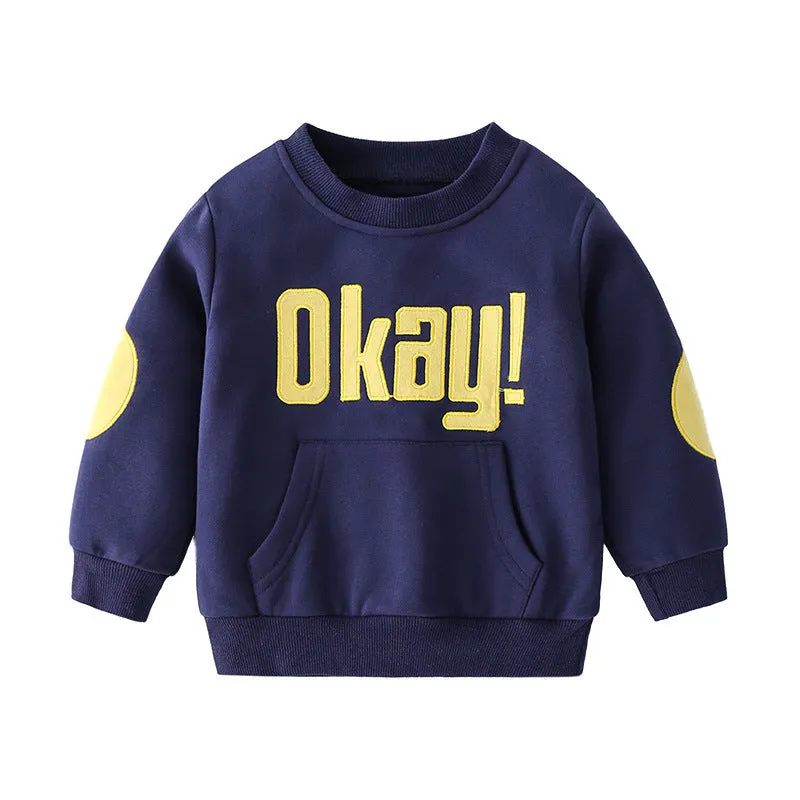 Boys casual cotton sweatshirt with English letter print, round neck, long sleeves, in navy blue, size 110cm