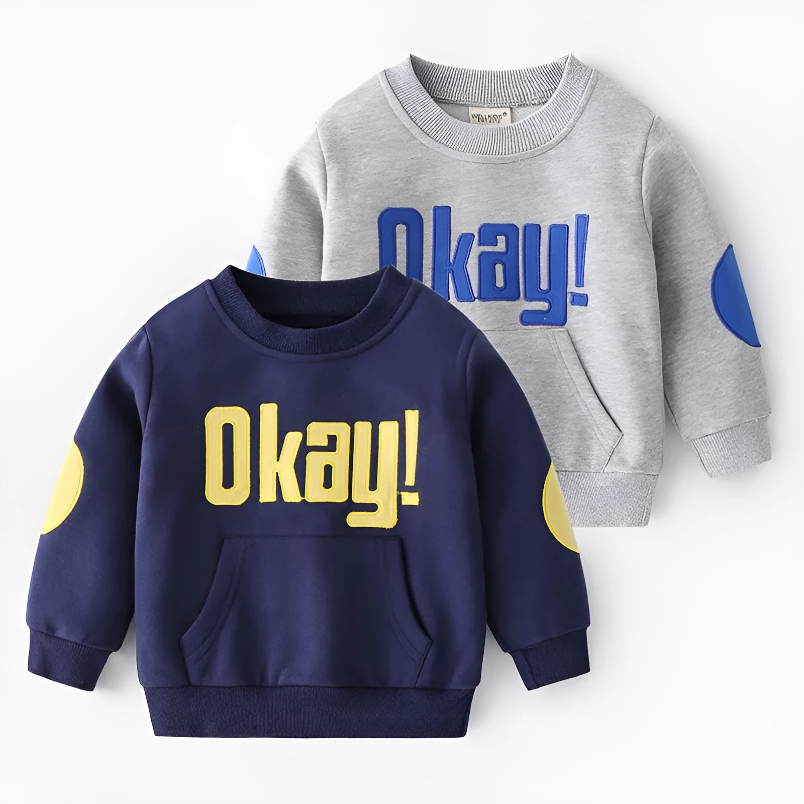 Boys casual cotton sweatshirt with English letter print, round neck, long sleeves, in navy blue, size 110cm