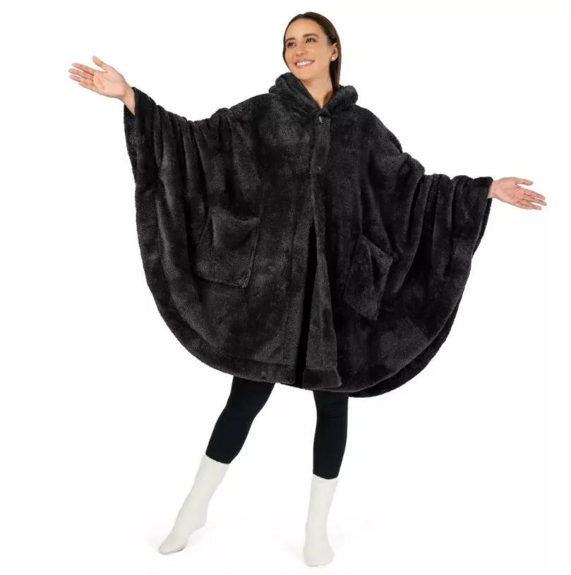 A thick pink hooded bathrobe with long sleeves and a cardigan-style front on a hanger.