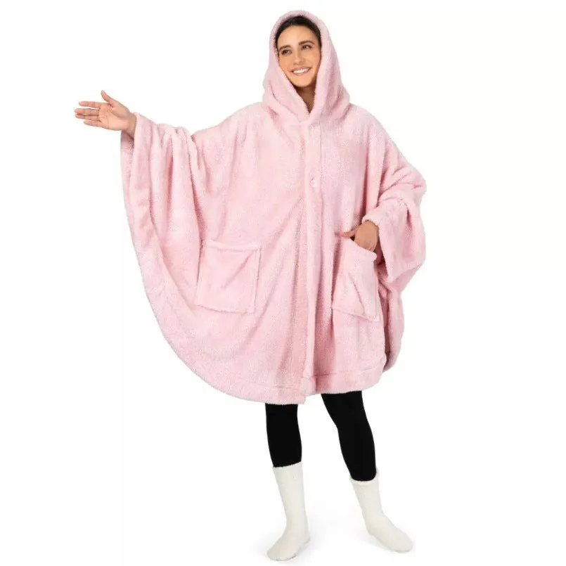 A thick pink hooded bathrobe with long sleeves and a cardigan-style front on a hanger.
