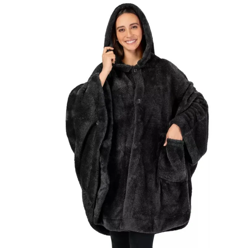 A thick pink hooded bathrobe with long sleeves and a cardigan-style front on a hanger.