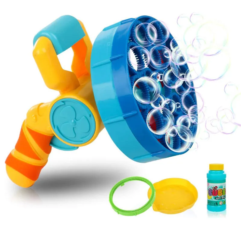 Two 2 in 1 automatic bubble machines in blue and yellow on a green background, with bubbles in the air