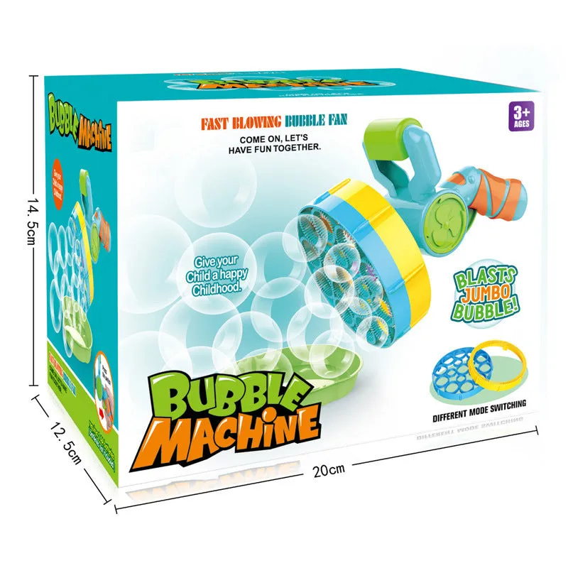 Two 2 in 1 automatic bubble machines in blue and yellow on a green background, with bubbles in the air
