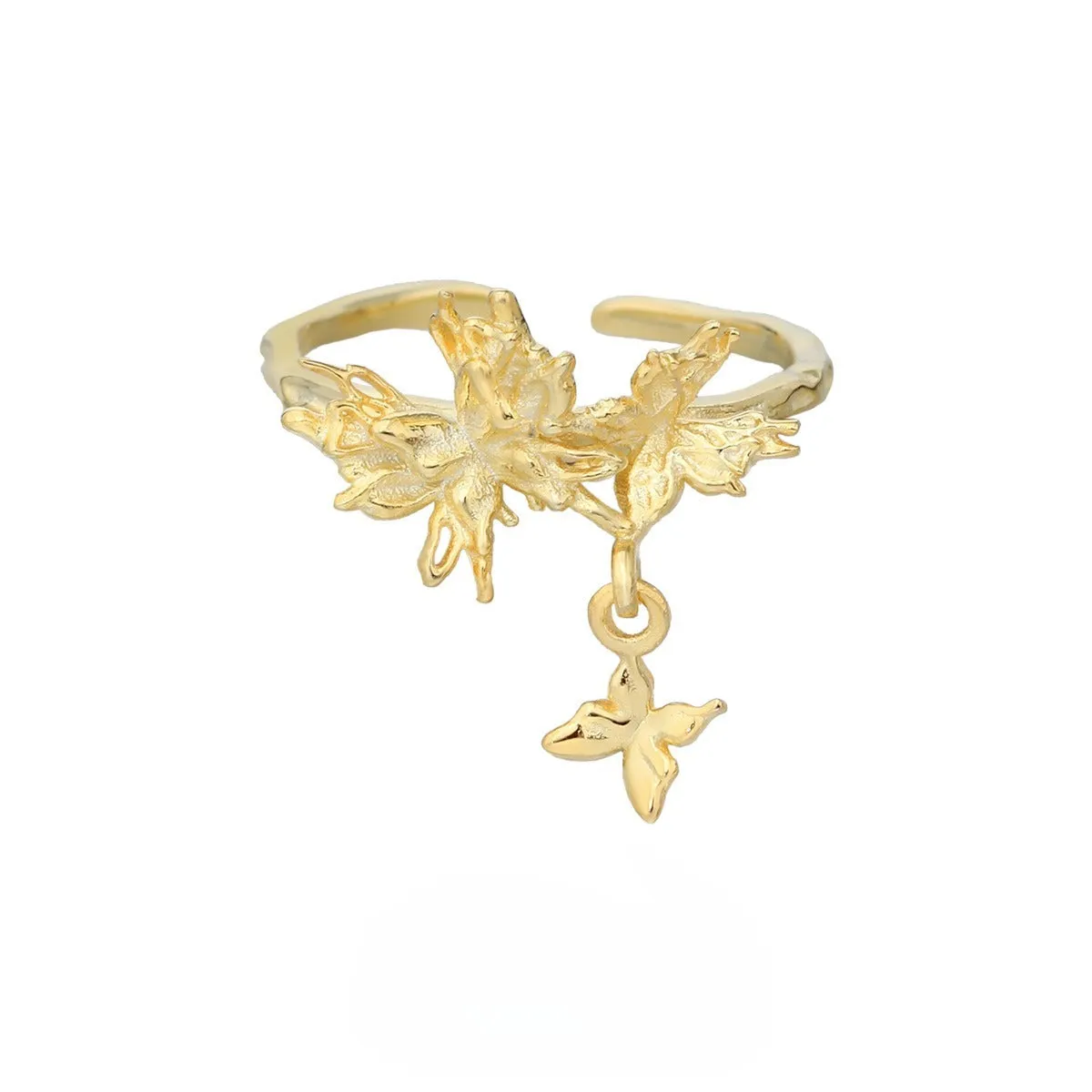 Silver butterfly ring with adjustable opening in electroplated white gold or 18K gold finish
