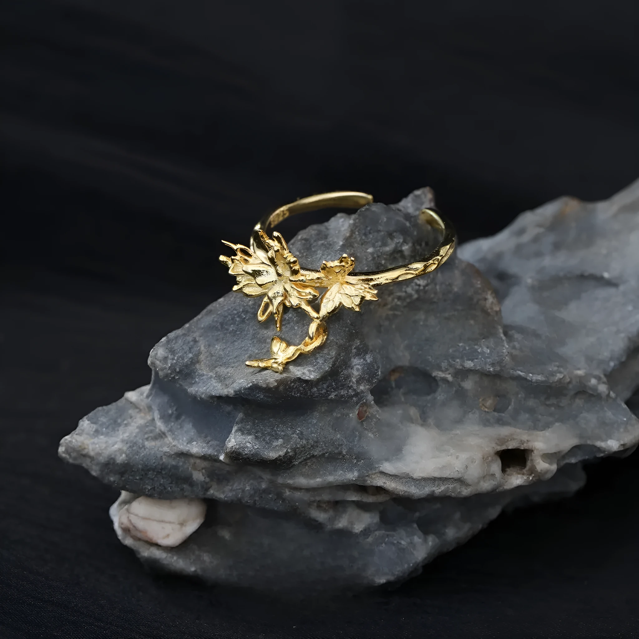 Silver butterfly ring with adjustable opening in electroplated white gold or 18K gold finish