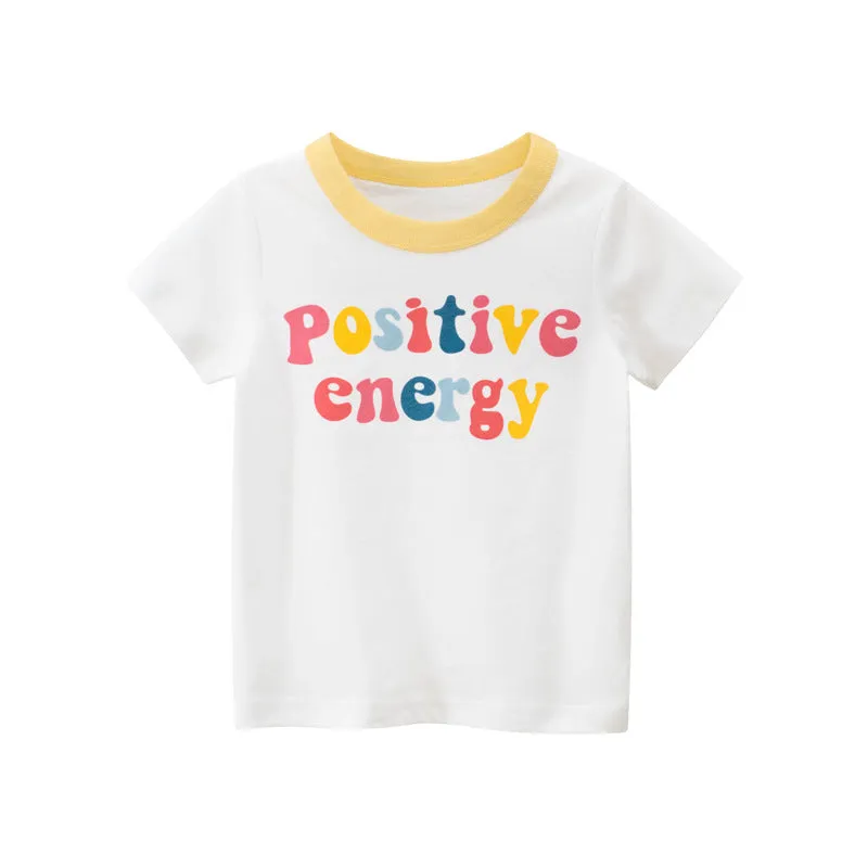 100% cotton short sleeve cartoon baby T-shirt in white, available in sizes 90-140 cm