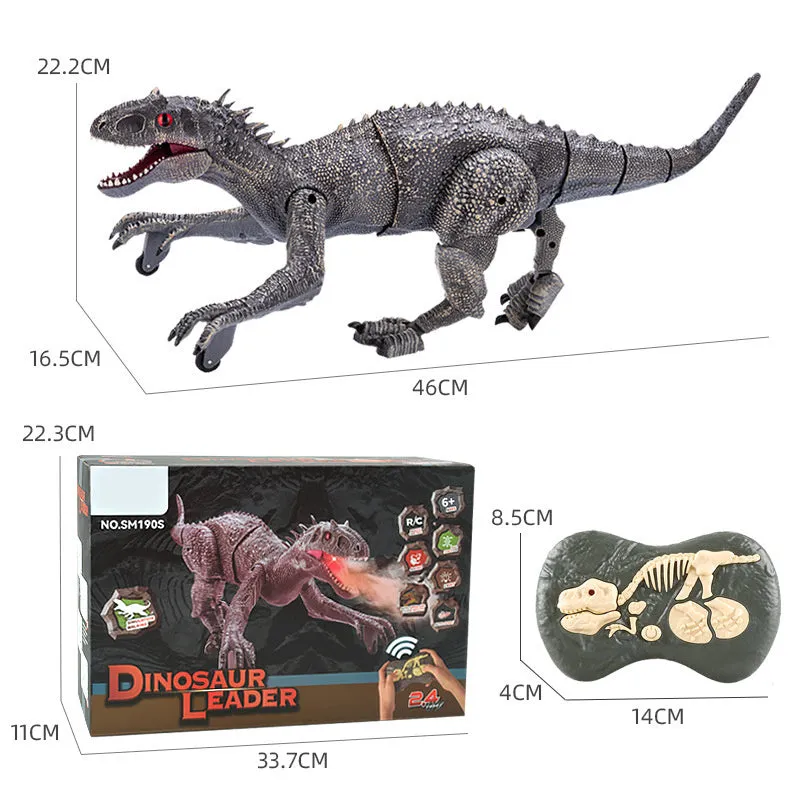 Remote controlled dinosaur model toy in grey with 3D eyeballs and roaring sound effect