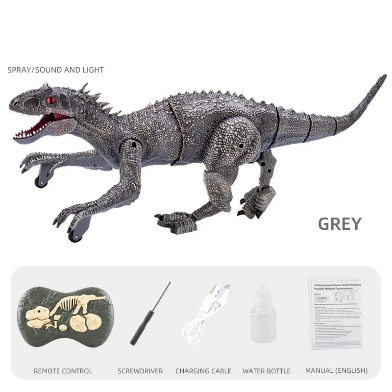 Remote controlled dinosaur model toy in grey with 3D eyeballs and roaring sound effect