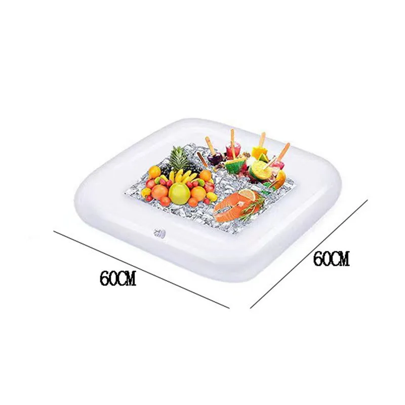 Inflatable ice bar for parties with cup holders, made from PVC, showing 60x60cm and 125x64cm size options
