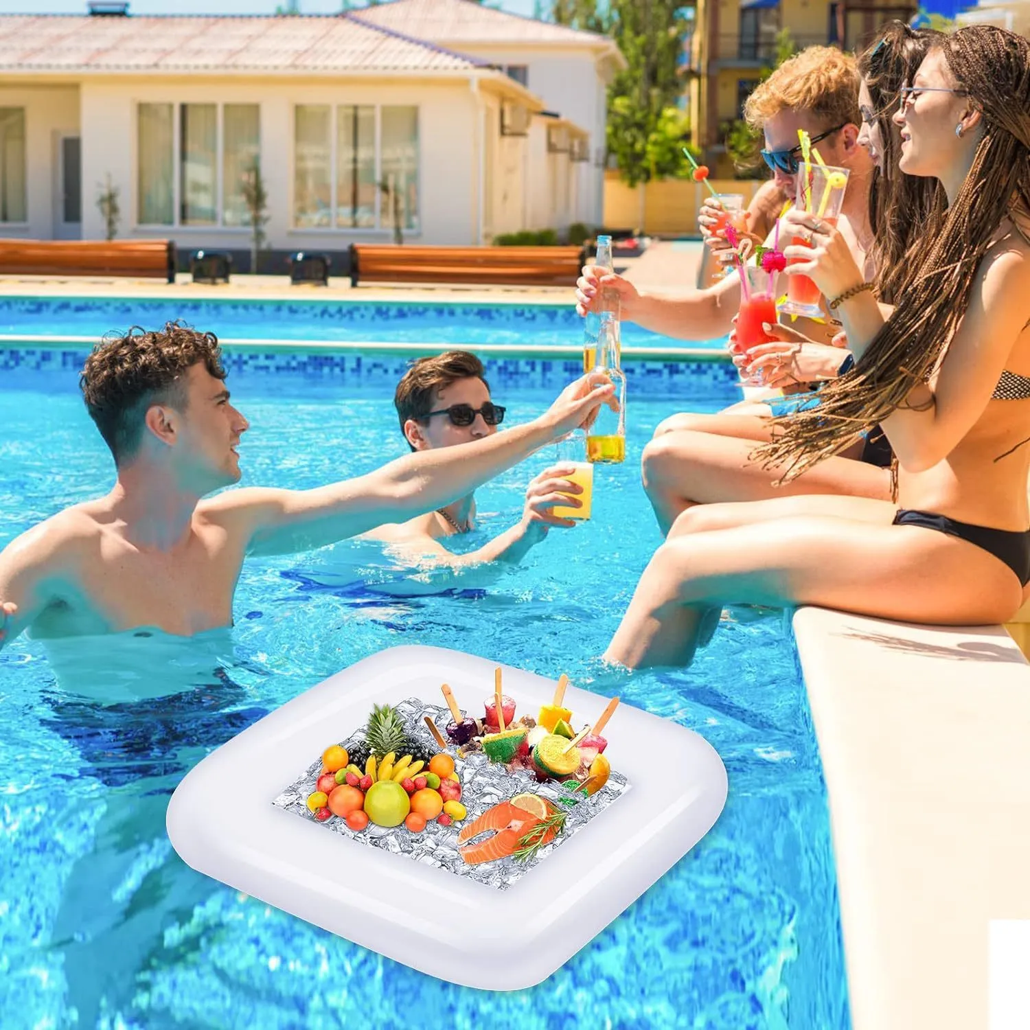 Inflatable ice bar for parties with cup holders, made from PVC, showing 60x60cm and 125x64cm size options
