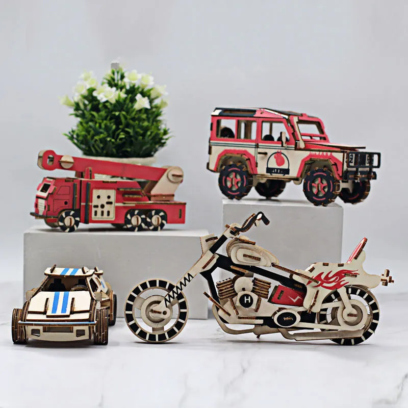 3D wooden puzzle kit showing a Ferrari style model with interlocking pieces on a table