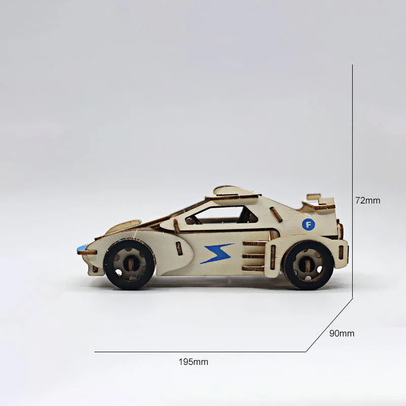 3D wooden puzzle kit showing a Ferrari style model with interlocking pieces on a table