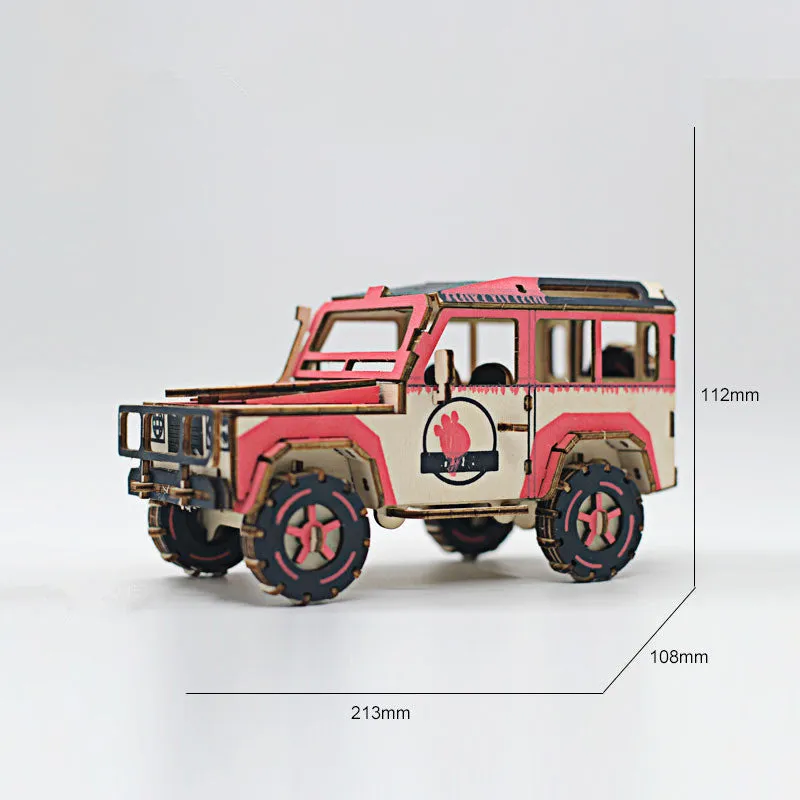 3D wooden puzzle kit showing a Ferrari style model with interlocking pieces on a table