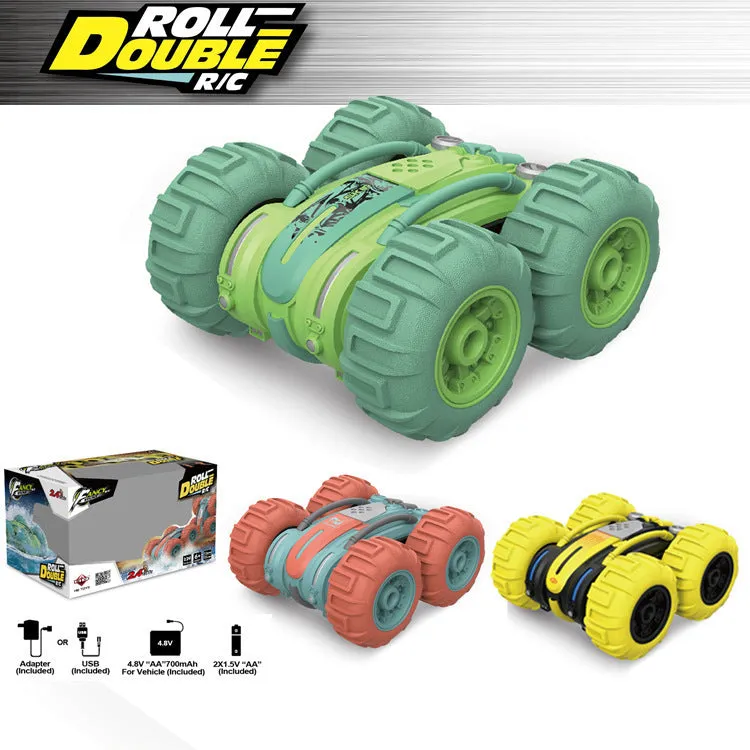 Remote control amphibious dump truck in green with tipping bed on land