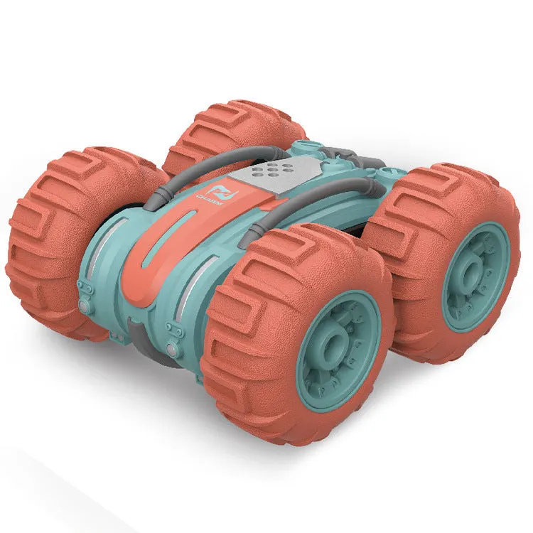 Remote control amphibious dump truck in green with tipping bed on land