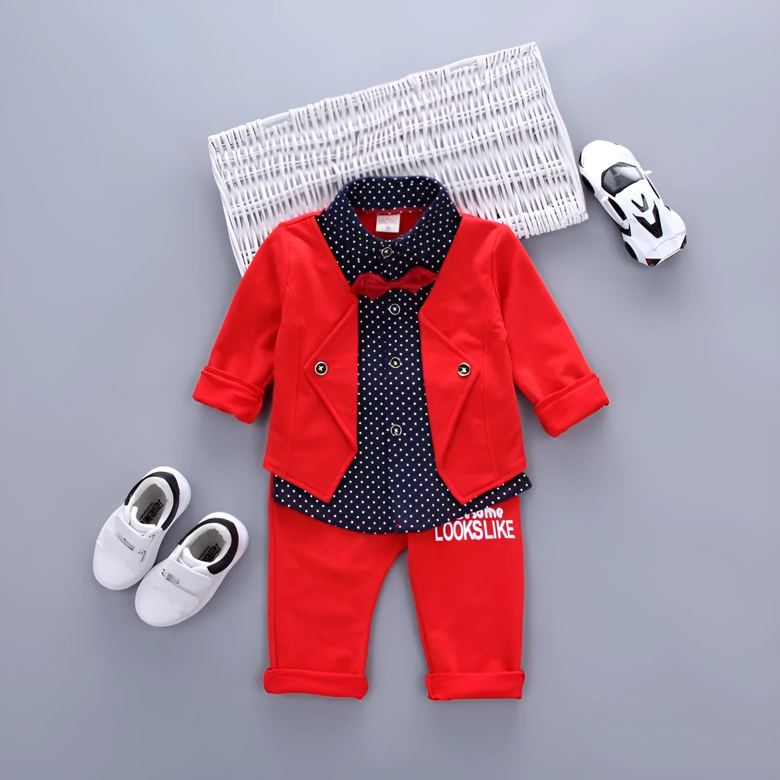 Children's boys' clothing set fake two-piece British style pants suit long sleeve soft fabric spring autumn grey blue red
