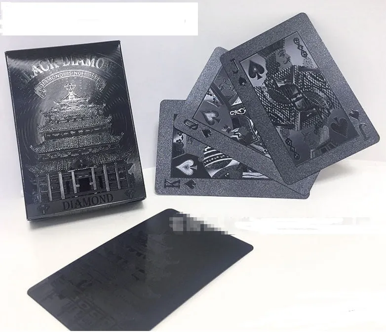 Black Diamond waterproof plastic poker cards with gold foil finish showing laser-etched diamond pattern on black background