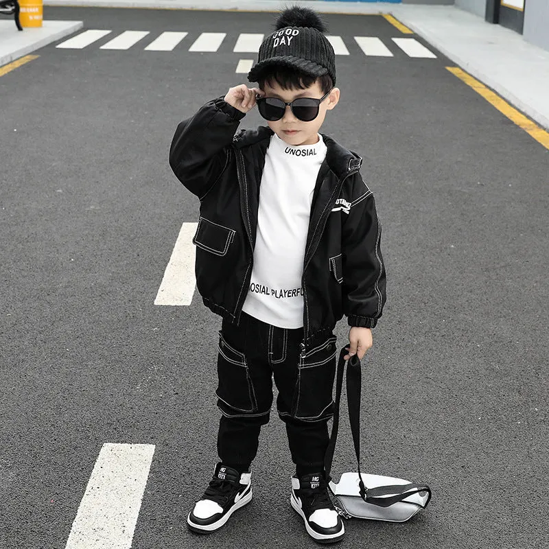 Korean-style plain black cotton jacket and jeans suit for little boys sizes 90 to 140 cm