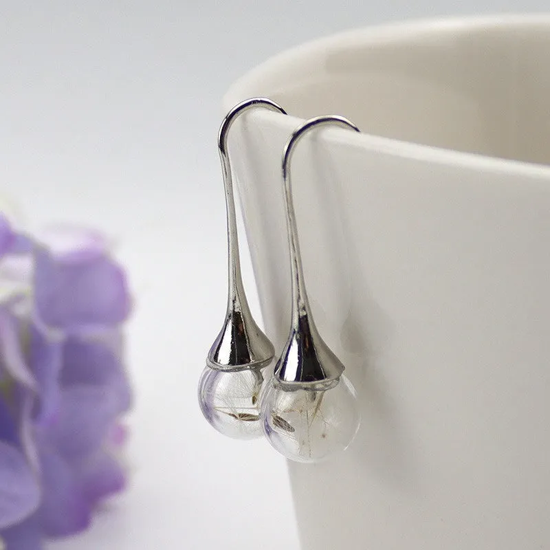 Transparent glass ball earrings with dandelion seed design in 16mm size with French hook backing