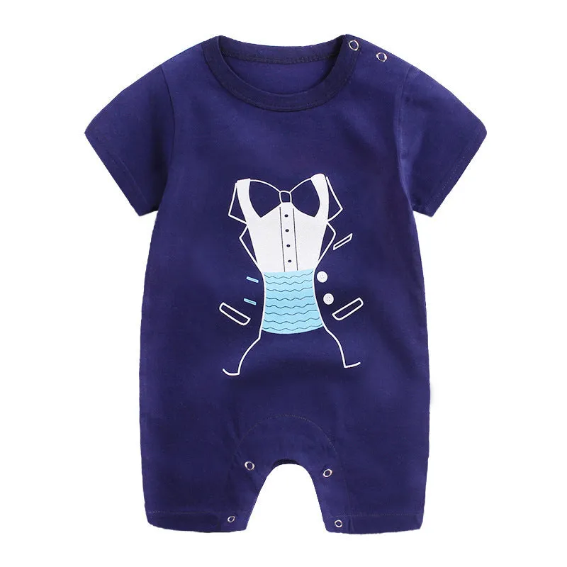 Baby one-piece cotton knit bodysuit in blue, short sleeves, lightweight summer clothing for infants