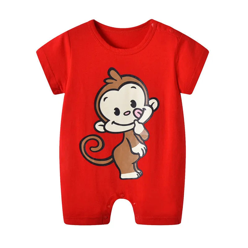 Baby one-piece cotton knit bodysuit in blue, short sleeves, lightweight summer clothing for infants