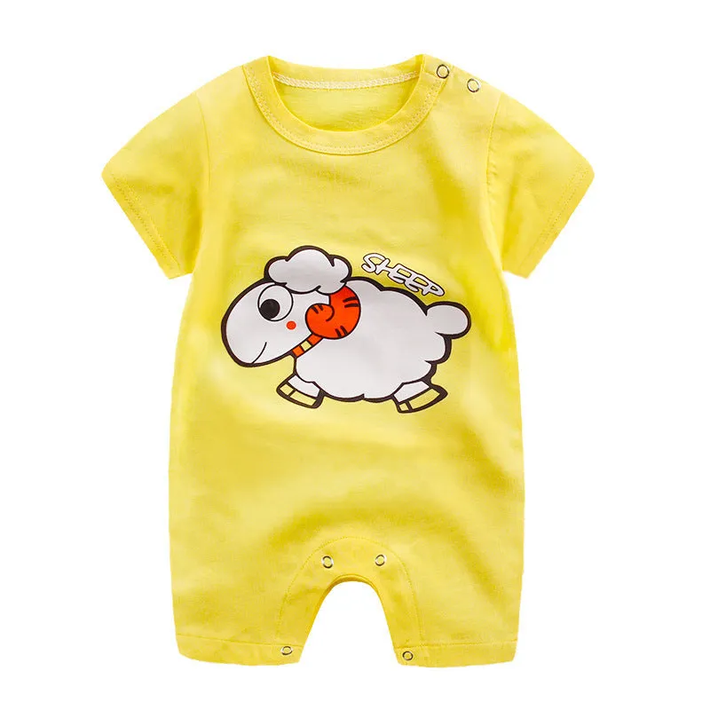 Baby one-piece cotton knit bodysuit in blue, short sleeves, lightweight summer clothing for infants