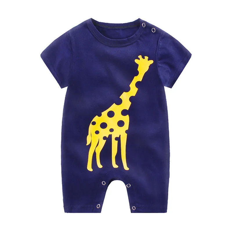 Baby one-piece cotton knit bodysuit in blue, short sleeves, lightweight summer clothing for infants