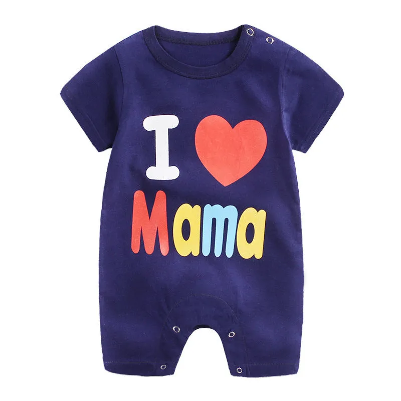 Baby one-piece cotton knit bodysuit in blue, short sleeves, lightweight summer clothing for infants