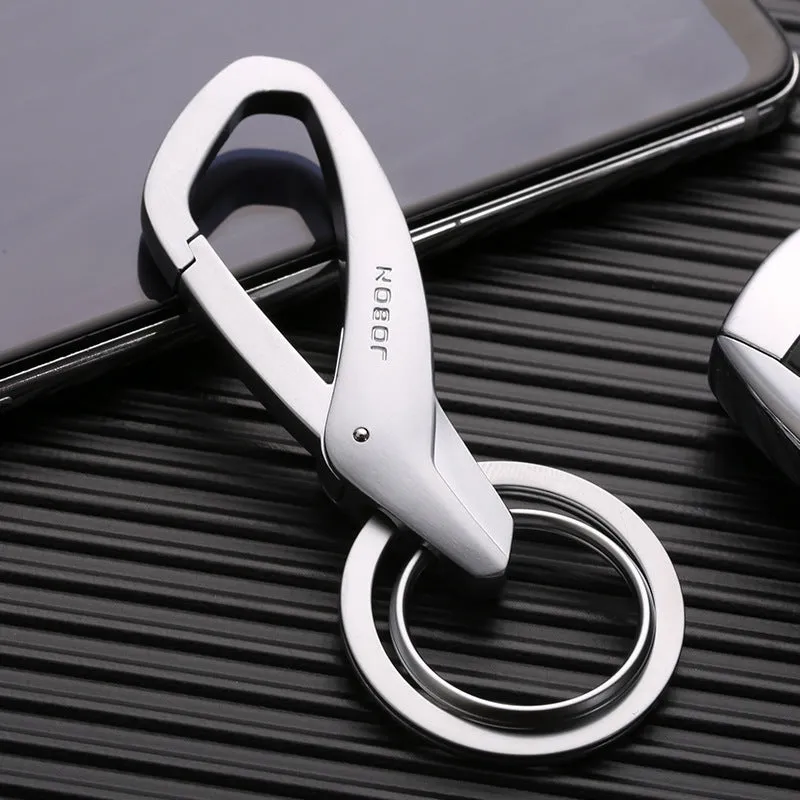 Zinc alloy double ring keychain for car keys in black, chrome, and nickel finishes.