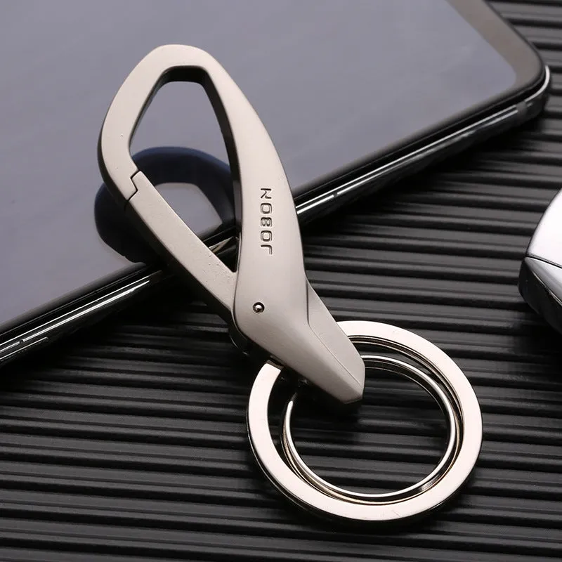 Zinc alloy double ring keychain for car keys in black, chrome, and nickel finishes.