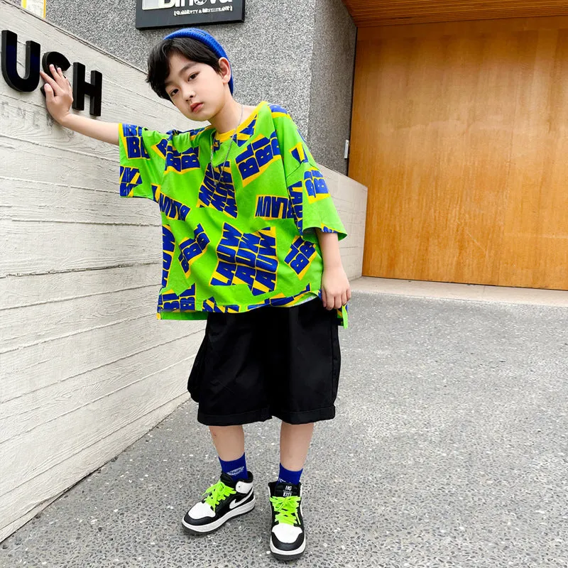 Boys summer cotton letter print hip-hop suit two-piece set in green, short sleeve pullover and five-point shorts